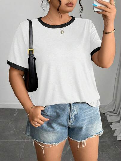 EMERY ROSE 大码休闲撞色短袖T恤，女士夏季白色T恤，休闲T恤，女士上衣