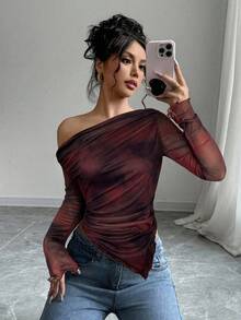 Firerie Áo thun nữ dài tay trễ vai ôm dáng, nhuộm tie-dye họa tiết hoa, tối giản và thời trang, phù hợp mặc hàng ngày, áo dài tay lưới họa tiết hoa, trang phục mùa xuân/hè/thu, thanh lịch, đi làm, thường ngày, tối giản, trang phục công sở. - Màu Đỏ Sâu - Xem 3