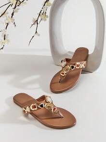 SHUZIA Glamorous Ladie's Tan Multi Color Gems, Thong Sandal Comfort Holiday Walking Chic Spring Summer Beach Fun Valentine's Day - Maroon - View 6