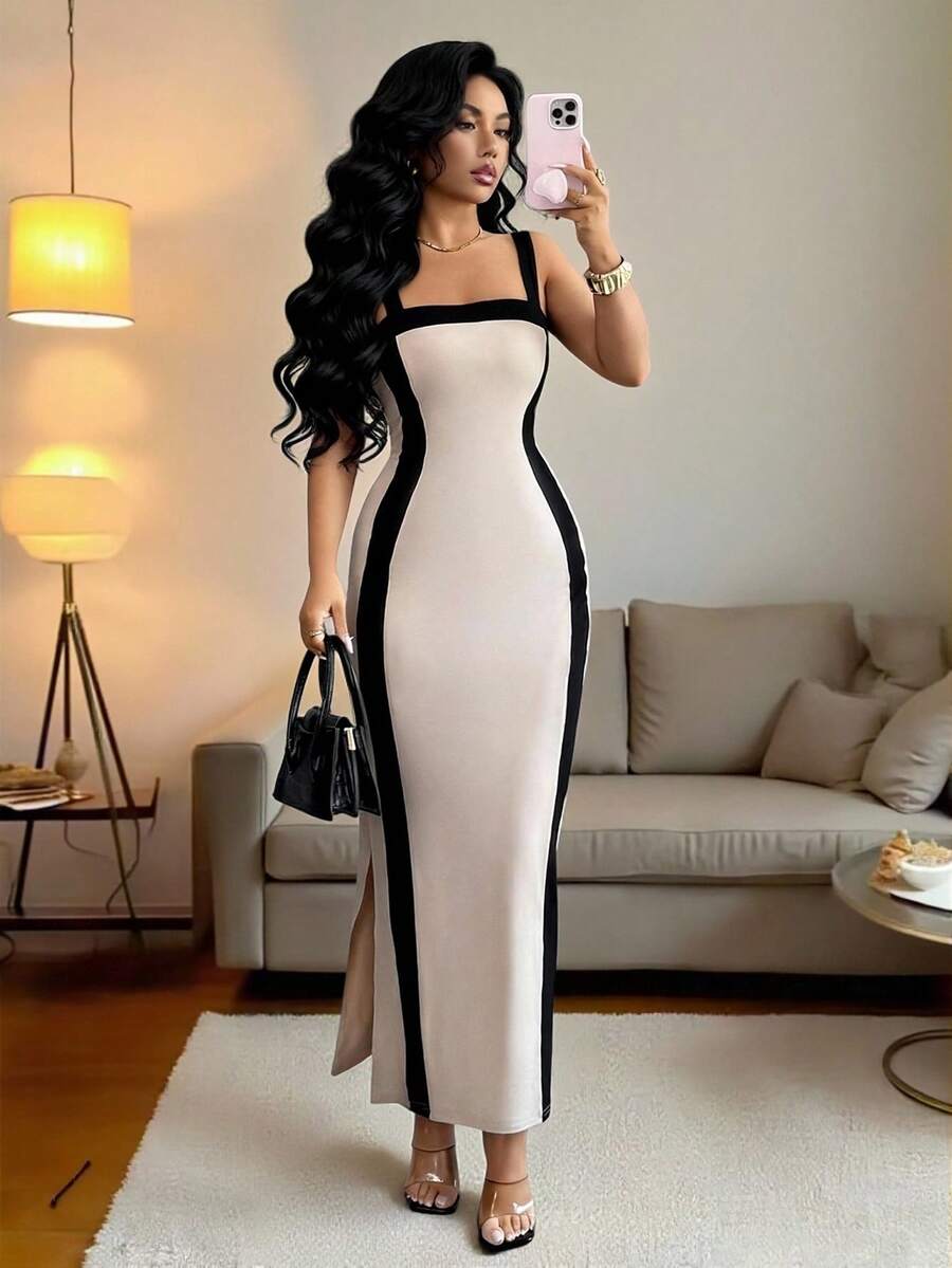 Rafferiza 女士优雅时尚撞色修身开衩吊带连衣裙