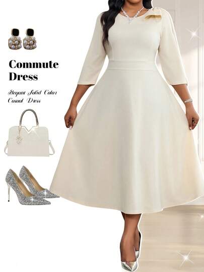 Fleurora 大码女式七分袖束腰纯色休闲连衣裙