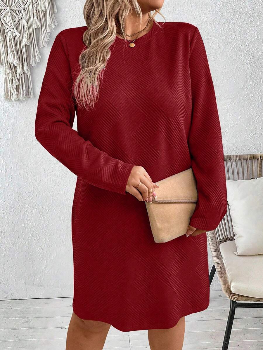 EMERY ROSE Plus Size Women's Solid Navy Blue Wavy Textured Crew Neck Long Sleeve Casual Everyday Dress, Autumn/Winter Solid Color Dress Red Long Sleeve Dress Red Casual Dress Sweater Dress Women Curve Casual Dress - Red - View 1