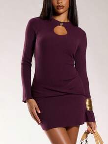 Normani Women's Dark Purple Elegant Hollow Out Metal Buckle Decor Fitted Mini Sweater Dress,Autumn Chic Night Out Solid Winter Party Birthday Clothes - Burgundy - View 4