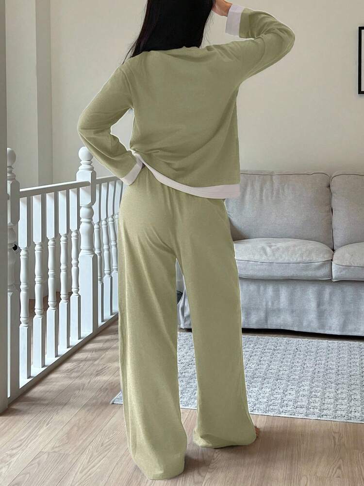 Women's Comfortable Knit Pajama Set With Contrast Color Patchwork, Suitable For Autumn/Winter