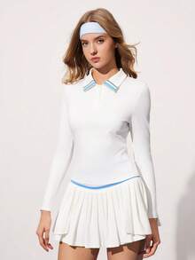 CourtClass Casual Versatile White Button Collar Contrast Blue Stripe Design Slim Fit Long Sleeve Sports Polo Shirt - White - View 4