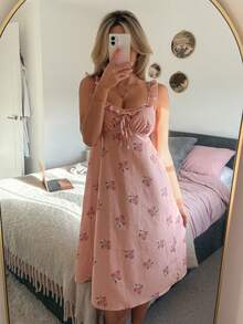 DAZY Ditsy Floral Ruffle Hem Waist Cinched Mid-Length Women Nightgown - Pink - View 1