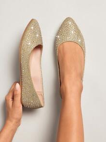 SHUZIA Women's Point Toe Full Rhinestone Glitter Champagne Flat–Shimmering, Elegant & Wedding-Ready