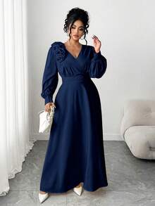 Elenzga Plus Size Women's Elegant Romantic Vacation 3D Pleated Floral V-Neck Long Sleeve Cinched Waist Dress, Cream Yellow