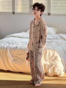 DAZY Tween Boy All-Over Print Button-Front Long Sleeve Top And Pants Pajama Set