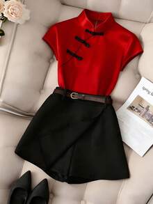 Franclia 1 Set Women's Red Cheongsam Collar Short Sleeve Top And Black Waist Belt Skirt Red And Black Outfit Red Clothes Bow Clothes Black Skirt Red Top - Multicolor - View 3