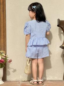 SHEIN 2件套 女童休闲舒适圆领泡泡袖荷叶边蝴蝶结装饰衬衫和短裤套装 - 藍色 - 查看 3