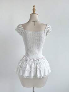 Elamini 花卉荷叶边花瓣袖纹理撞色条纹印花紧身短袖T恤，花卉饰边，甜美可爱，春夏款 - 彩色 - 查看 2