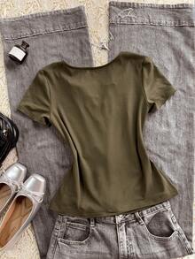 SHEIN Áo thun nữ tay ngắn màu trơn, kiểu dáng thường ngày, thắt nơ phía trước. - xanh quân đội - Xem 5