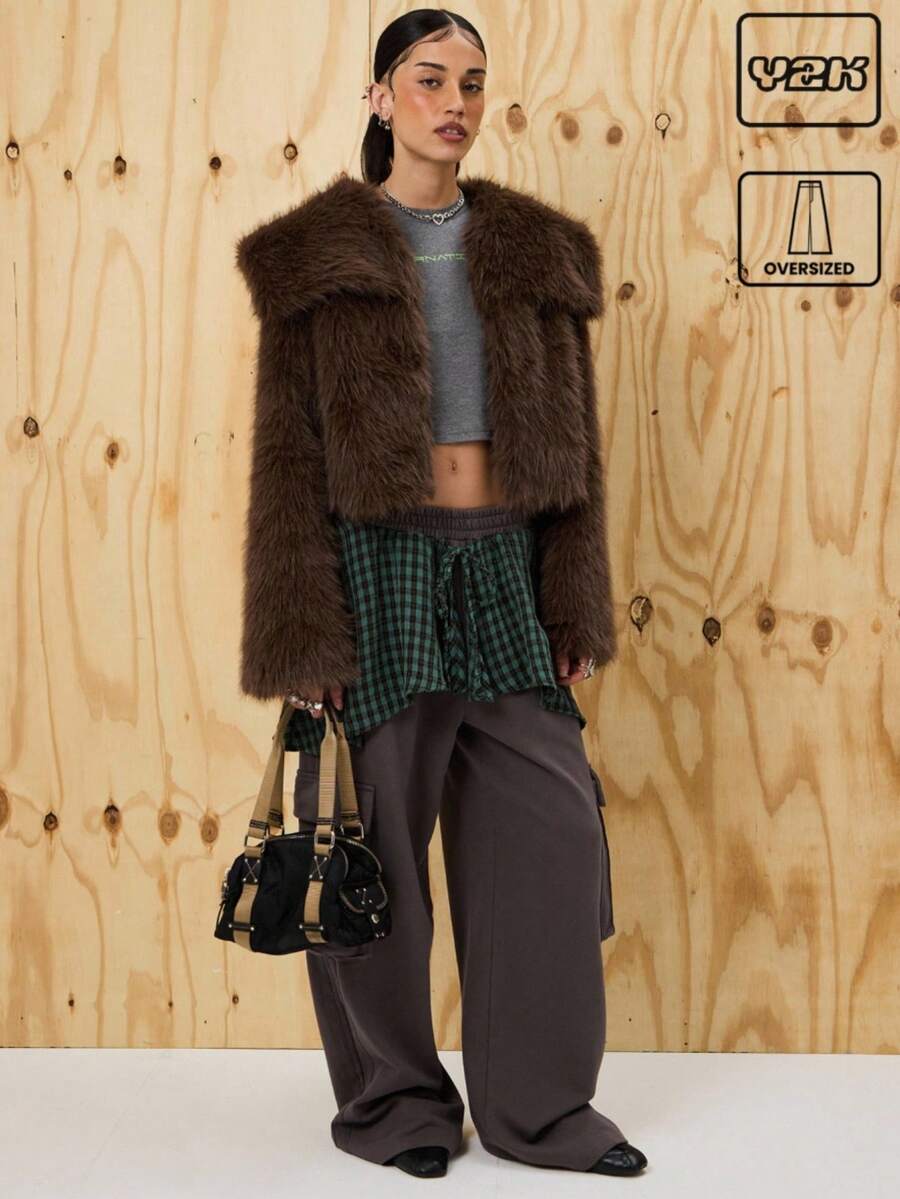 COUREZ Low Rise Oversized Cargo Joggers With Layered Check Skirt /Y2K Going Out For Women Spring For Women Rave Casual Wide Leg Pants - Black - View 1