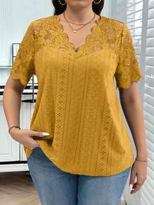 SHEIN Clasi Plus Size Summer Solid Color Contrast Lace Hollow Out Embroidery T-Shirt - Yellow - View 7