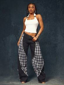 Denimoi Overall Detail Halter Top Ribbed Halter Fashionable Streetwear Tops Concert Outfits - White - View 5