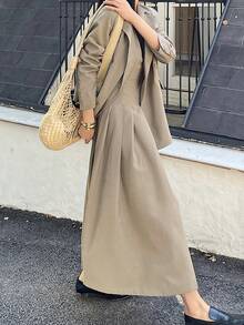 DAZY 女士纯色翻领长袖外套和无袖连衣裙休闲两件套 - 卡其色 - 查看 6