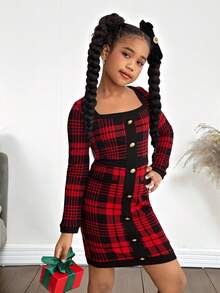SHEIN 青少年女孩优雅时尚方领红色格子拼接长袖修身连衣裙，适合圣诞节、派对穿着 - 紅色和黑色 - 查看 4