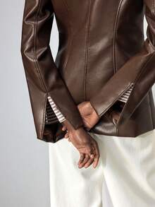 Maija Women's Autumn/Winter Oblique Shoulder Cinched Waist PU Leather Urban Chic Commuter Business Casual Elegant Jacket, Suitable For Christmas, New Year Party And Gathering - Brown - View 5