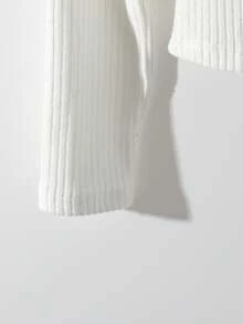 SHEIN PETITE Women's Solid Apricot Knit Stretch Slim-Fit Ribbed Collar, Bow Tie, And Button Embellishment Long-Sleeved Off-Shoulder T-Shirt For Spring And Autumn. Casual Wear, French Elegance, Apricot Top, Versatile For Autumn And Winter, Suitable For Everyday Wear, Spring Outfits, Spring Break Outfits, Spring Clothing, Women's Elegant Tops, White Tops, White Shirts, White Women's Blouses. - White - View 4