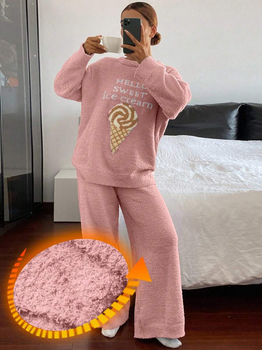 DAZY 2pcs Set Piyama Longgar Rajut Fleece Motif Es Krim untuk Wanita, Musim Gugur/Dingin - Berwarna merah muda - View 1