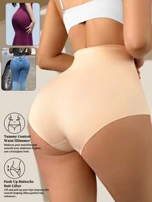 1pc Women High Waist Shapewear Shorts, Firm Control Waist Cincher With Hooks, Sexy Mesh Butt Lifter Shaping Pants - Apricot - View 2