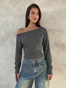 Aloruh 杏色针织不对称肩部长袖上衣，女士新款秋冬款 - 灰色 - 查看 3