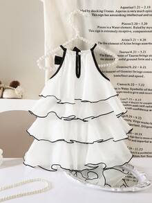 SHEIN Cute Baby Girl Elegant Black And White Summer Party Dress,One-Piece French-Style Organza Frilly Layered Dress With Large Butterfly Bow For Toddlers - White - View 4