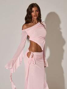 SHEIN BAE Women's Sexy Ruched Mesh Backless Ruffle Sleeve Blouse, Vacation Mesh Top, Suitable For Beach, Holiday Wear, Pink Mesh Backless Blouse - Baby Pink - View 6