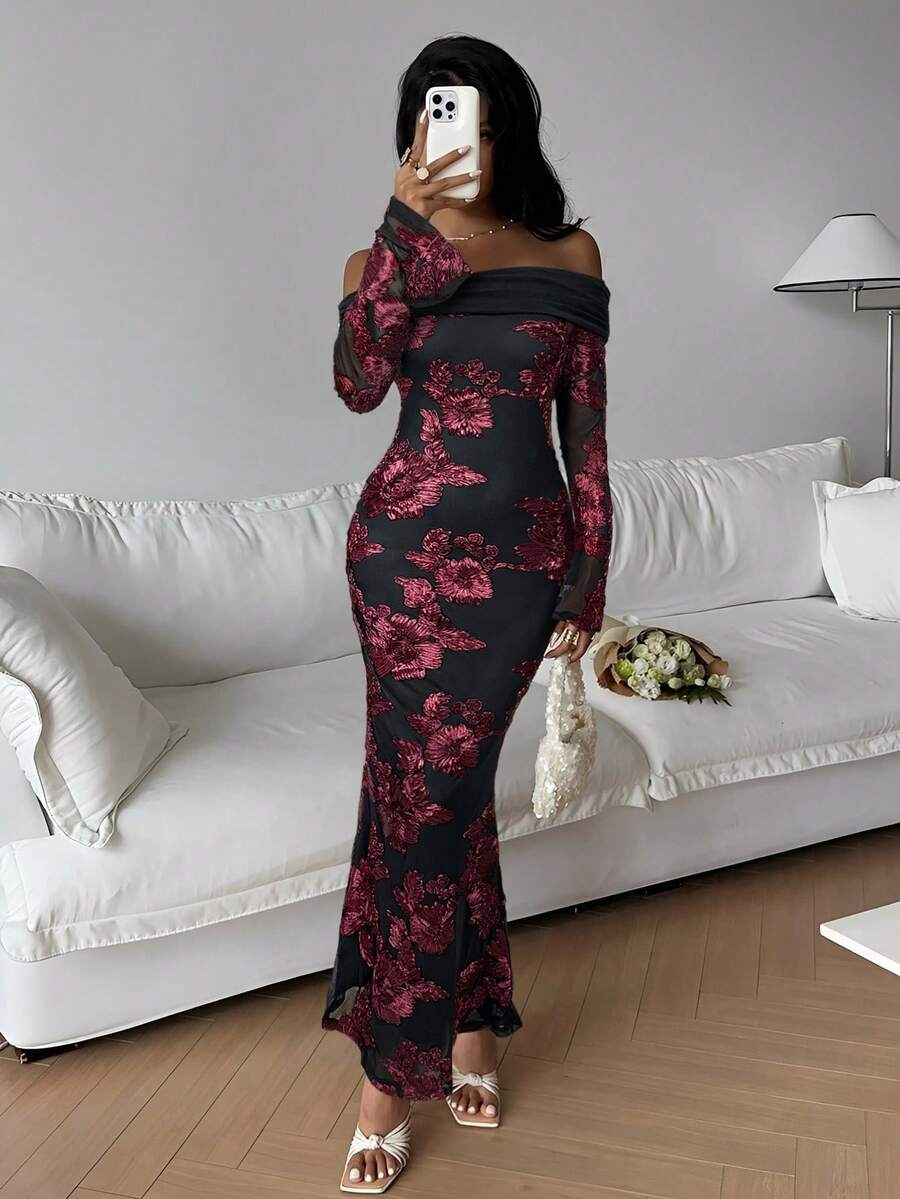 Đầm midi nữ dài tay, in họa tiết hoa, kiểu dáng thanh lịch, trễ vai, ôm sát. - Nhiều màu - Xem 1