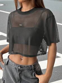 SHEIN EZwear Áo croptop ngắn tay bằng vải lưới xuyên thấu thời trang mùa hè dành cho nữ. - Xám - Xem 4
