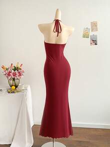 Soleia 女士度假蓝色针织网纱浪漫修身露背系带金属扣装饰鱼尾连衣裙，适合派对、圣诞节、约会、夜店、波西米亚风、度假、秋季等场合。 - 酒紅色 - 查看 2