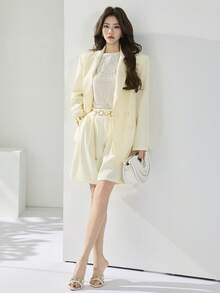 Heiryn Women's 2 Pieces Blazer Set,Pale Yellow Autumn Elegant Office Professional Long Sleeve Shawl Collar Jacket And Shorts Commuter Solid Suit Set - Apricot - View 6
