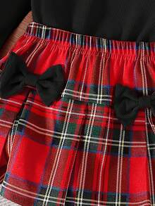 2pcs/Set Baby Girls' Ruffle Shoulder Design Red Long Sleeve Top And Bow Decor Plaid Skirt Set, Cute & Fashionable Casual School Style For Autumn/Winter - Black - View 4