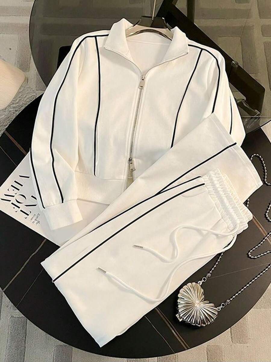 Resyla 女士休闲拉链领度假连帽衫套装 - 白色 - 查看 1