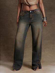 Denimoi Quần jean denim ống đứng xẻ tà, có khuy cài - Rửa trung bình - Xem 2