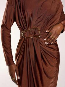 Normani Abito lungo elegante da donna per vacanze, a tinta unita, con maniche lunghe, decorato con elementi metallici, aderente, lungo e maxi, adatto per vacanze, matrimoni, cerimonie, lauree, feste - Caffè - Visualizzare 6