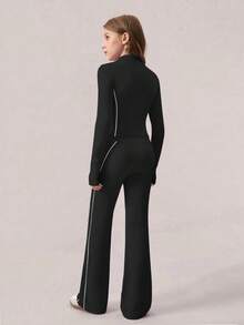 SHEIN Conjunto de 2 piezas para niñas preadolescentes - Chaqueta deportiva de punto de unicolor con rayas de contraste y pantalones slim acampanados, estilo casual escolar de moda deportiva, color lila claro - Negro - Ver 2