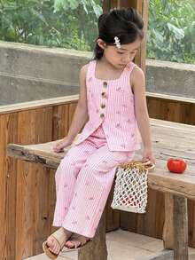 SHEIN 年轻女孩休闲街头时尚通勤装条纹方领无袖上衣和直筒裤套装 - 彩色 - 查看 3