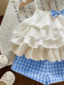 Babygirl Summer Cute Vacation Ruffle Camisole Top And Plaid Shorts Set - Blue - View 4