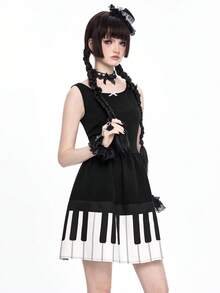 ROMWE Kawaii 哥特娃娃褶边钢琴印花女士迷你连衣裙 - 黑色 - 查看 7