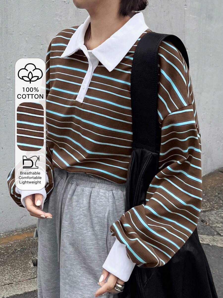 FRIFUL Women's Contrast Color Shirt Collar Batwing Long Sleeve Cuff Loose Casual Versatile T-Shirt, Autumn/Winter - Multicolor - View 1