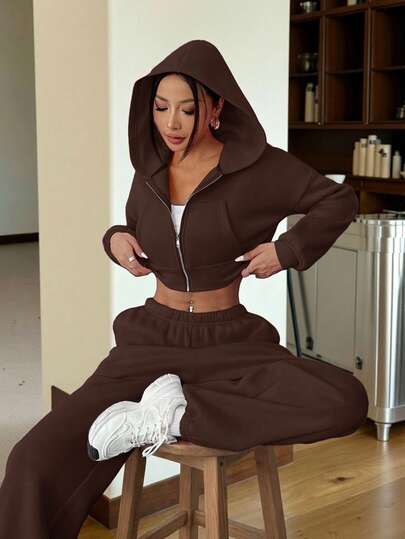 SHEIN EZwear Women's Casual Everyday Commute Simple Solid Color Drop Shoulder Loose Zip-Up Cropped Hoodie And Sweatpants Set, Spring/Autumn Brown 2 Piece Set 2 Piece Lounge Sets Woman Sweatsuits Sets For Women Women S Lounge Set