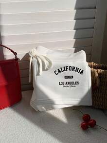 Comfortcana 休闲街头风日常百搭运动学院风白色英文字母复古印花抽绳修身短裤，舒适百搭，适合春秋季穿着。 - 白色 - 查看 3