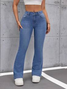 SHEIN Tall Women's Casual Flare Leg Jeans With Pockets - Blue - View 6