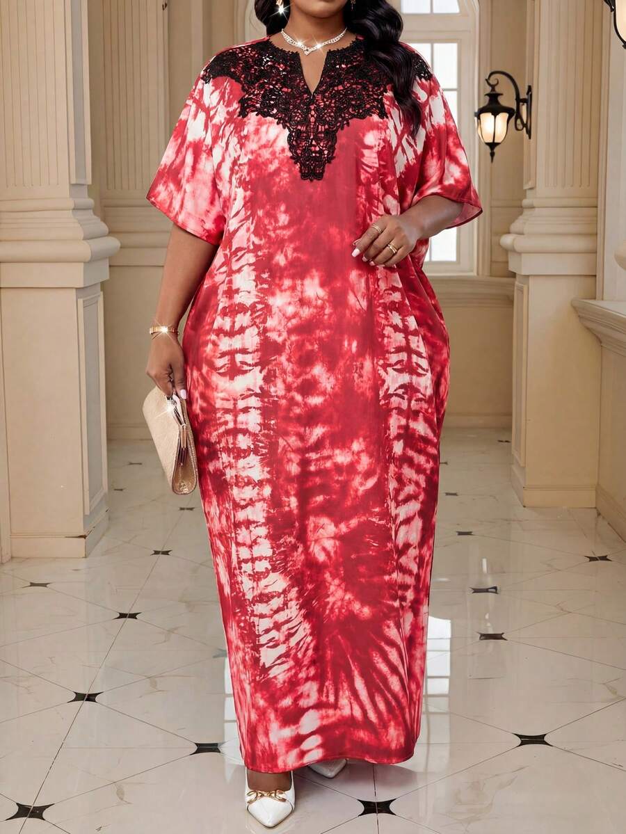 SHEIN Lady Đầm dạ hội dệt kim màu tím thanh lịch với cổ ren, thích hợp cho mùa xuân, hè, thu và đông, cỡ lớn, thích hợp cho kỳ nghỉ. - Đỏ - Xem 1