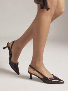 SHUZIA Women's Elegant Pointed Toe Sling-Back Strap Kitten Heel Pumps Valentine's Day - Chocolate Brown - View 2