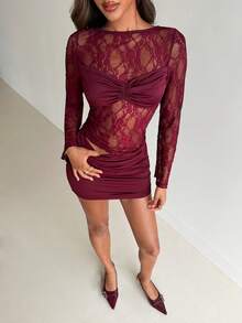 Aloruh Women's Elegant Round Neck Lace Patchwork Top And High Waist Mini Skirt 2 Piece Set,Valentine Outfits For Women,Party Sets For Women - Burgundy - View 5