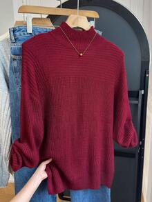 SHEIN LUNE Femmes Tricot ample à col montant, épaules tombantes, couleur unie, décontracté, pour tous les jours et les trajets, automne/hiver - Rouge foncé - Voir 1