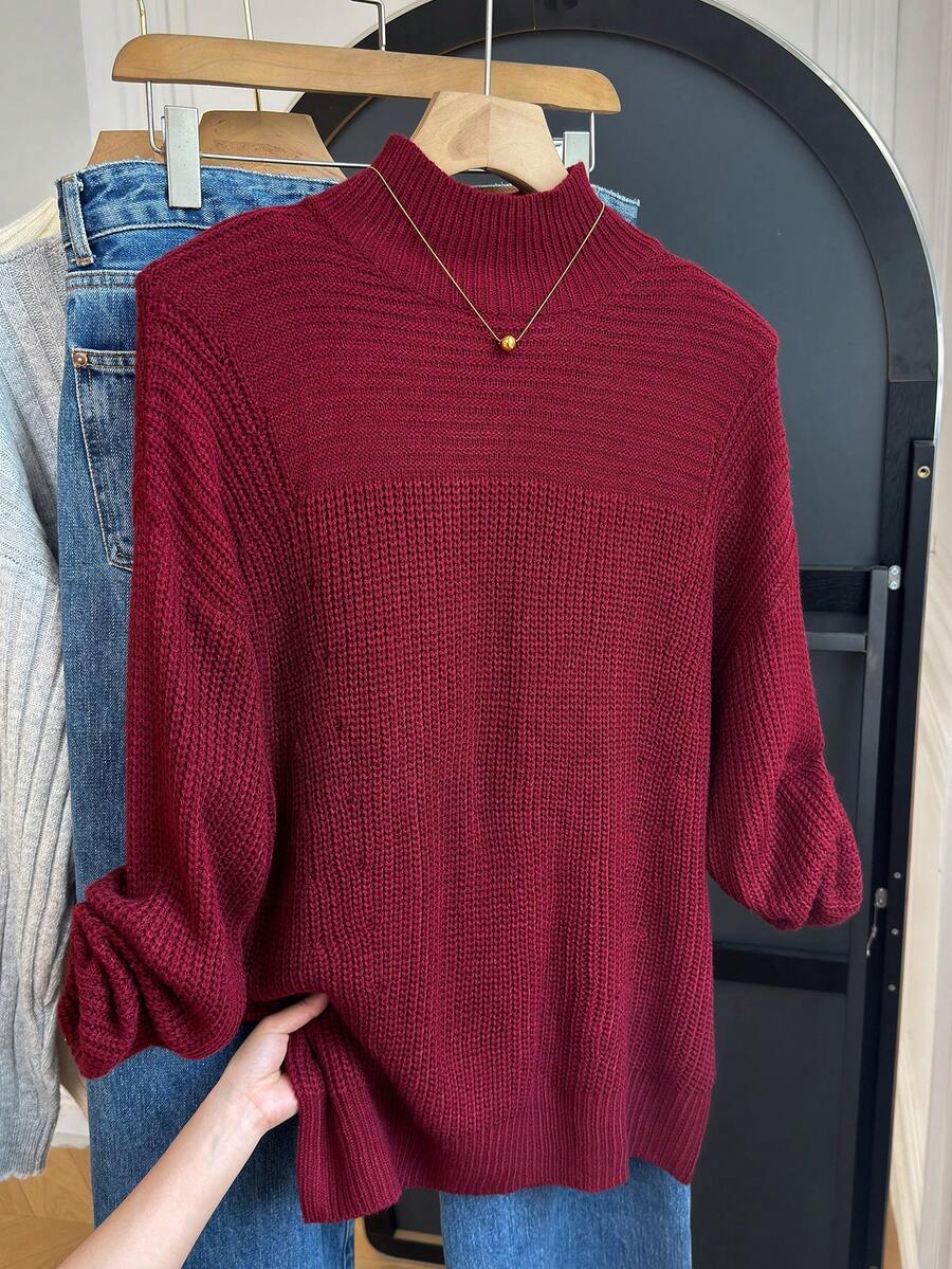 SHEIN LUNE Femmes Tricot ample à col montant, épaules tombantes, couleur unie, décontracté, pour tous les jours et les trajets, automne/hiver - Rouge foncé - Voir 1